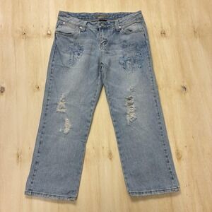 Vintage Y2K Younique Capri Jeans Womens 9 Light Wash Distressed Floral Denim